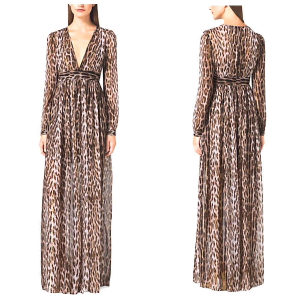 Michael Kors Nwot Longsleeve Chiffon Leopard Metalic Thread Shimmer Maxidress